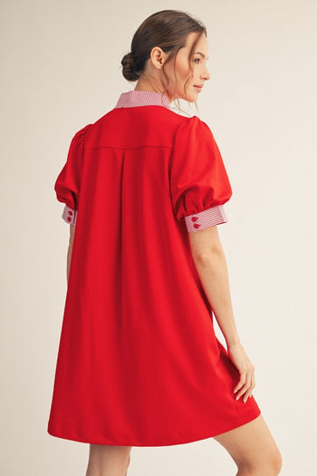 Jodifl Solid Color Shift Dress with Striped Accents in Red