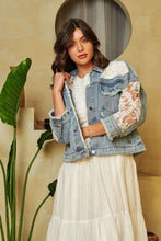 Load image into Gallery viewer, Davi &amp; Dani Distressed Denim and Lace Jacket in Light Denim
