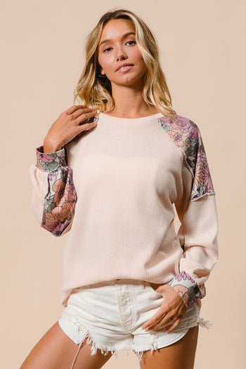 BiBi Thermal Knit Top with Color Block Patched Floral Print in Oatmeal