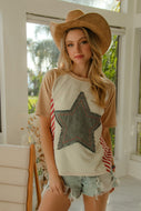 BiBi Fitted Denim Star Patched Top with Stripe Details in Cream/Latte/Red