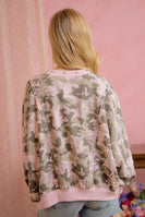 BiBi OVERSIZED Camouflage Printed Terry Cut Edge Detailed Sweatshirt in Blush/Light Olive