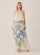 Lena Romantic Layered Maxi Dress in Blue Multi