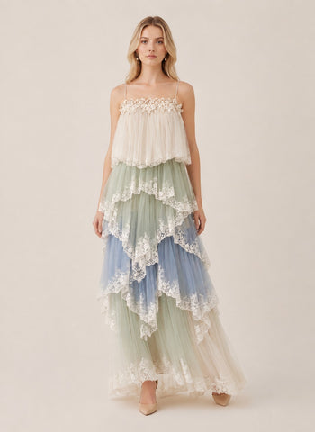 Lena Romantic Layered Maxi Dress in Blue Multi