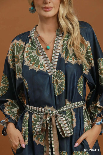 Umgee Abstract Print Belted Midi Dress in Midnight