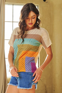 Davi & Dani Mixed Color Block Crochet Top in Cream Sherbert Shirts & Tops Davi & Dani   