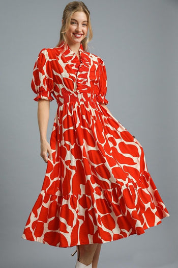 Umgee Two Toned Abstract Print Midi Dress in Tomato Red