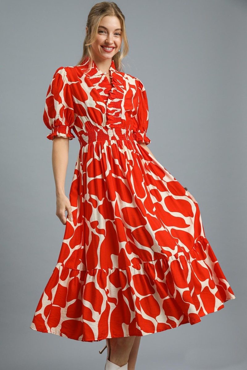 Umgee Two Toned Abstract Print Midi Dress in Tomato Red