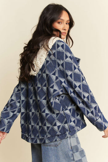 Davi & Dani Vintage Geometric Denim Pattern Jacket in Blue