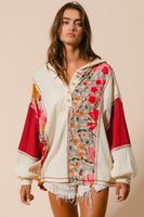 BiBi Mixed Floral and Solid Knit Hooded Top in Oatmeal/Rust