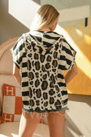BiBi Mix N Match Stripe and Leopard Print Hooded Top in Off White/Black