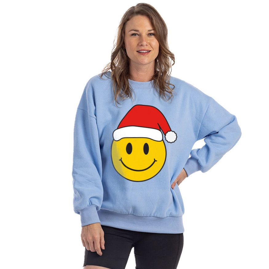 Katydid Santa Happy Face Christmas Sweatshirt in Light Blue Shirts & Tops Katydid   