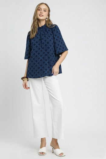Umgee Jacquard Textured Lattice Pattern Top in Navy