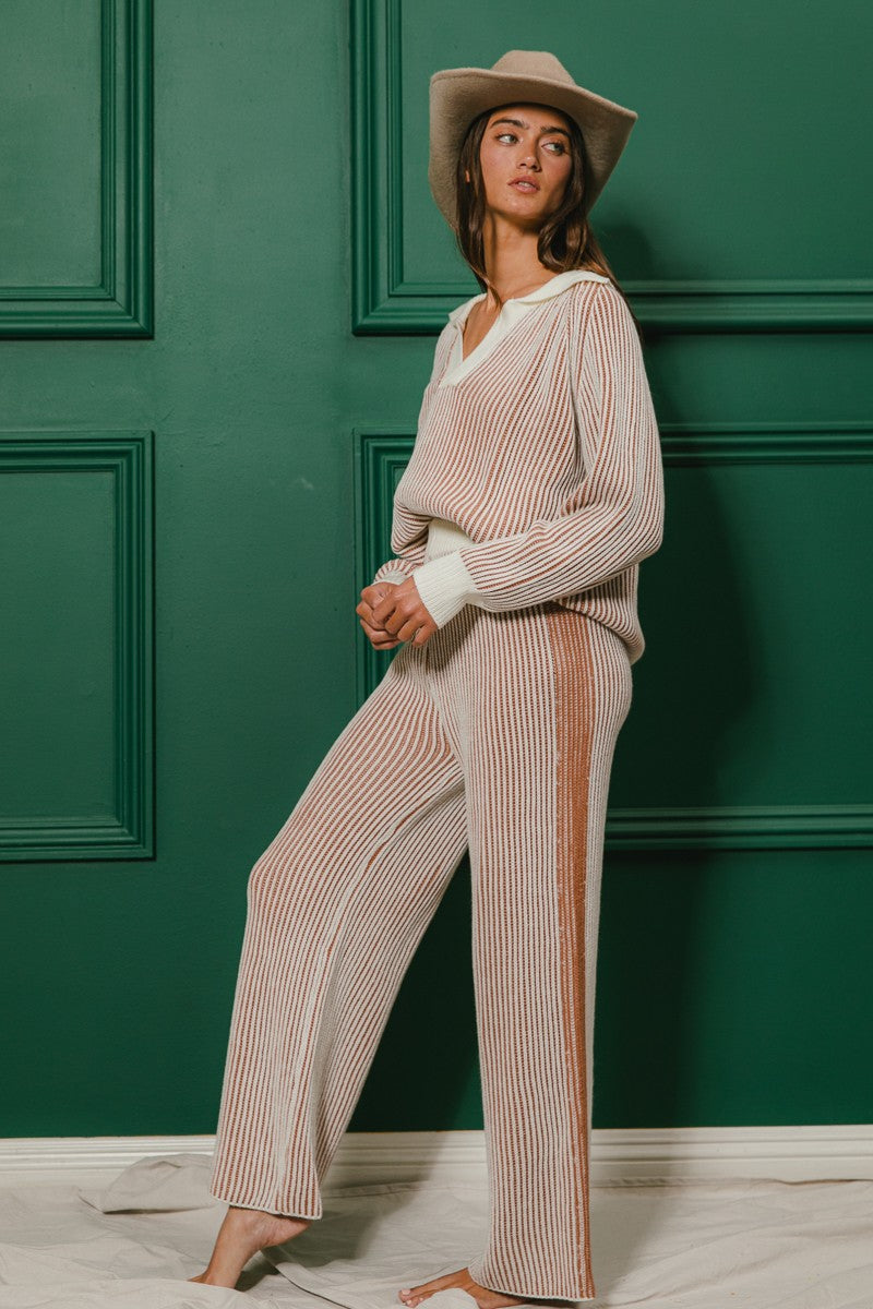 BiBi Two Toned Textured Ribbed Knit Sweater and Pants Set in Ivory
