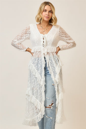Cozy Co. Tiered Ruffled Lace Duster in Off White