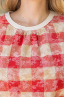 VOY Solid Ribbed Band Bubble Sleeve Plaid Top in Red