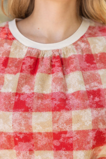 VOY Solid Ribbed Band Bubble Sleeve Plaid Top in Red