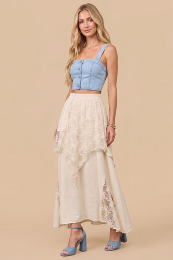 J.nna Boho-Chic Lace Blend Skirt in Cream