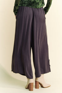 Davi & Dani Smocked Waist Floral Patch Wide Leg Pants in Charcoal