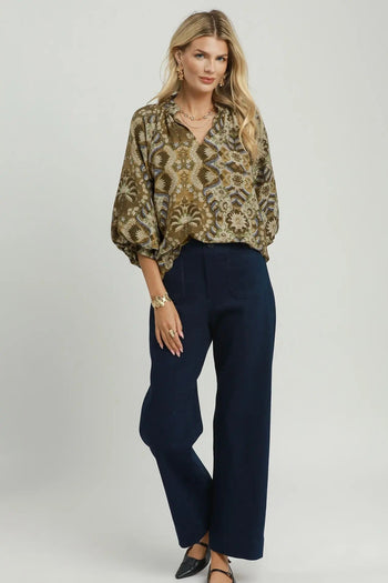 Umgee Abstract Print Balloon Sleeve Top in Moss Brown