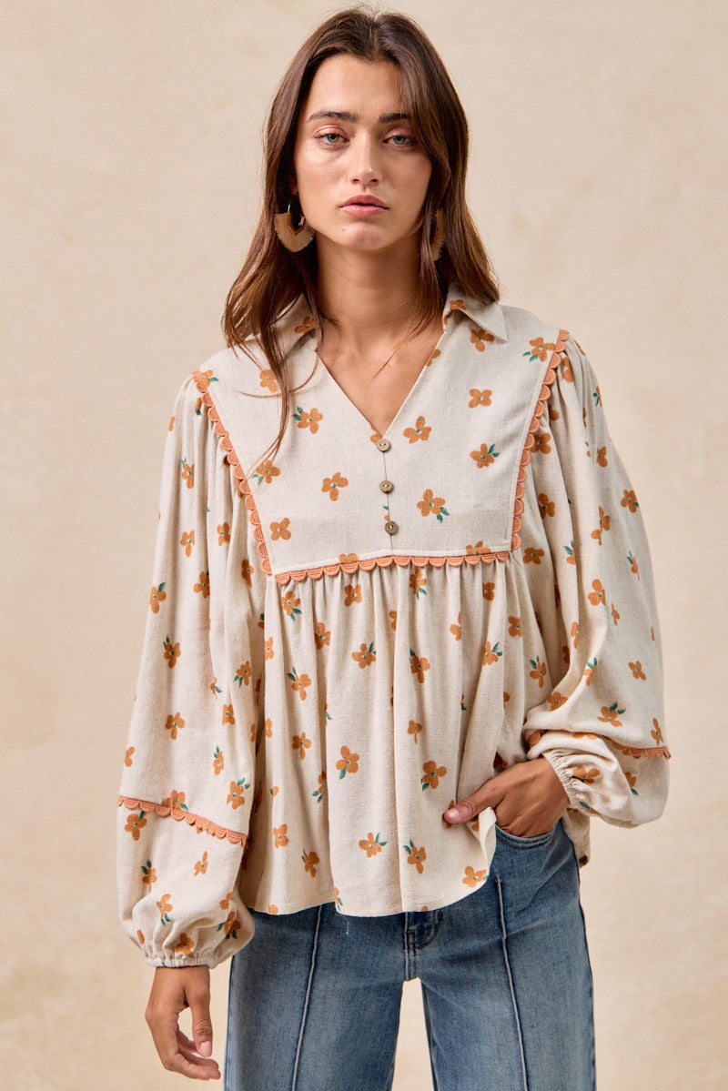BiBi Small Flower Print Top with Ric Rac Trim Detail in Oatmeal/Orange