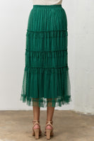 Polagram Polka Dot Tulle Ruffle Midi Skirt in Hunter Green
