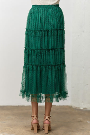 Polagram Polka Dot Tulle Ruffle Midi Skirt in Hunter Green