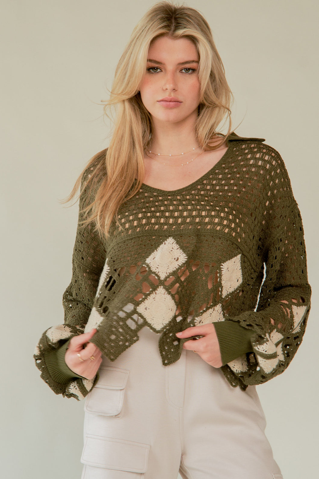 Davi & Dani Open Knit Crochet CROPPED Sweater in Olive