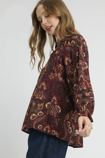 Umgee Floral Damask Print Top in Wine Mix