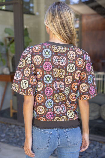 VOY Floral Embroidered Print Bubble Sleeve Top in Brown