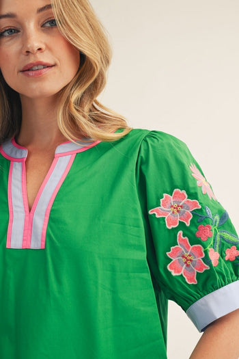 Jodifl Solid Color Woven Top with Embroidery Sleeves in Kelly Green