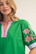 Load image into Gallery viewer, Jodifl Solid Color Woven Top with Embroidery Sleeves in Kelly Green
