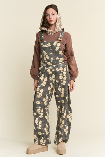 J.nna Floral Print Overalls in Floral Charcoal