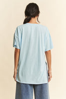 Davi & Dani Color Block Top with Lace and Bow Details in Blue
