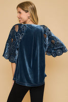 Umgee Velvet Split Neck Top with Floral Lace Sleeves in Slate Blue