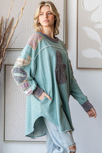 Oli & Hali Rock & Roll Patched Pullover Top in Sage