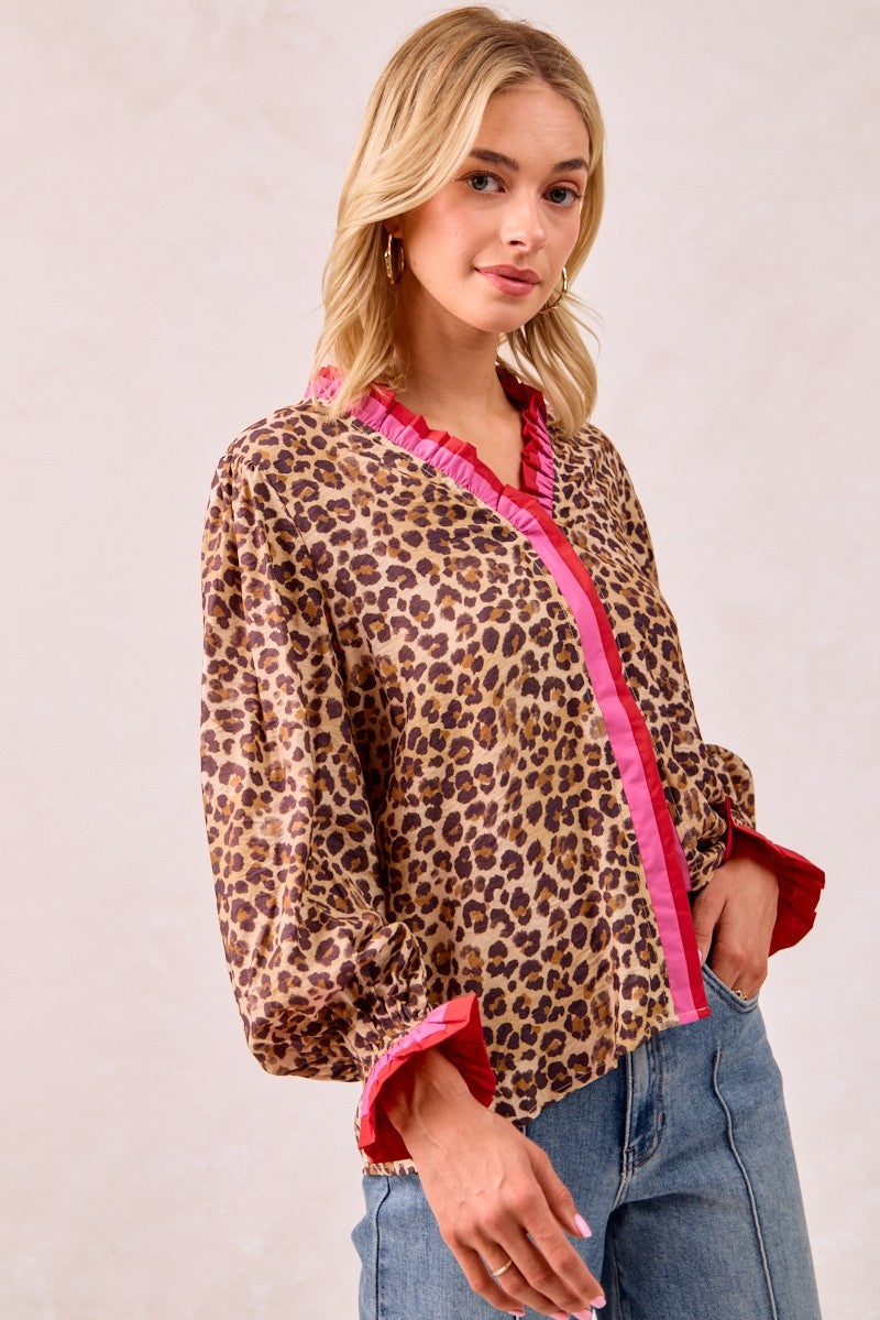 BiBi Long Sleeve Leopard Print Top with Contrasting Wavy Trim in