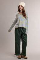 Wishlist Striped Rolled Edge Button Front Cardigan in Sage/Blue