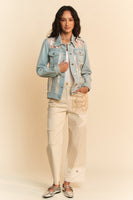 Davi & Dani Denim and Floral Panel Jacket in Light Denim