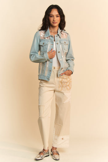 Davi & Dani Denim and Floral Panel Jacket in Light Denim