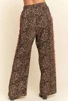 Davi & Dani Leopard Pants with Contrasting Lace Stripe in Brown Leopard