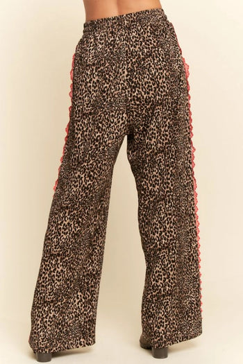 Davi & Dani Leopard Pants with Contrasting Lace Stripe in Brown Leopard