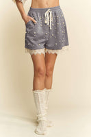 Davi & Dani Pearl Embellished and Lace Trim Shorts in Grey