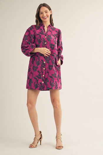 Jodifl Button Down Floral Jacquard Dress in Magenta