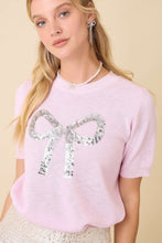 Load image into Gallery viewer, Main Strip Sweater Knit Top with Sequin Bow Front in Light Pink
