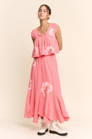 Davi & Dani Crinkled Knit Top Elastic Waist Maxi Skirt Set in Pink