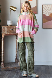 Oli & Hali Color Block Mixed Fabric Pullover Top in Pink Combo