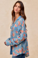 BiBi Floral Print Waffle Thermal Knit Shacket in Floral Denim