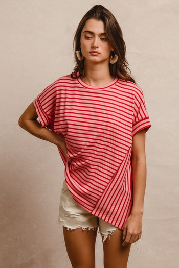 BiBi Textured Waffle Knit Striped Pattern Top in Pink/Red