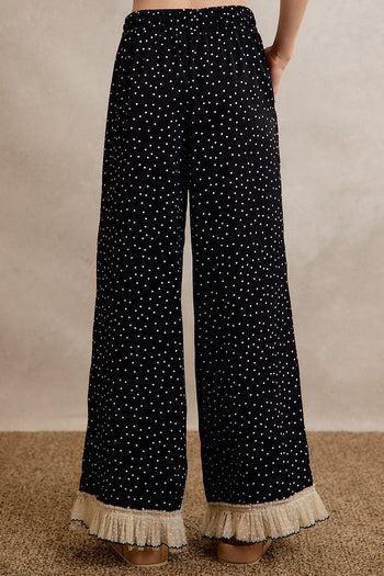 So Me Polka Dot Wide-Leg Pants With Lace Hem in Black