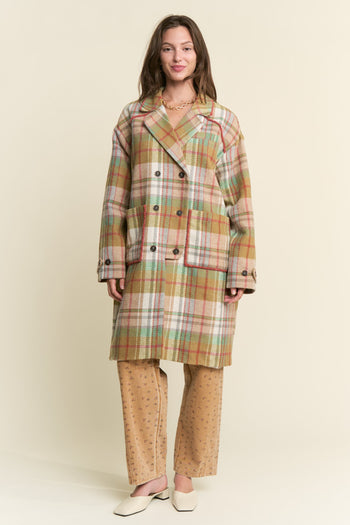 J.nna Multi Color Plaid Midi Coat in Mustard Green